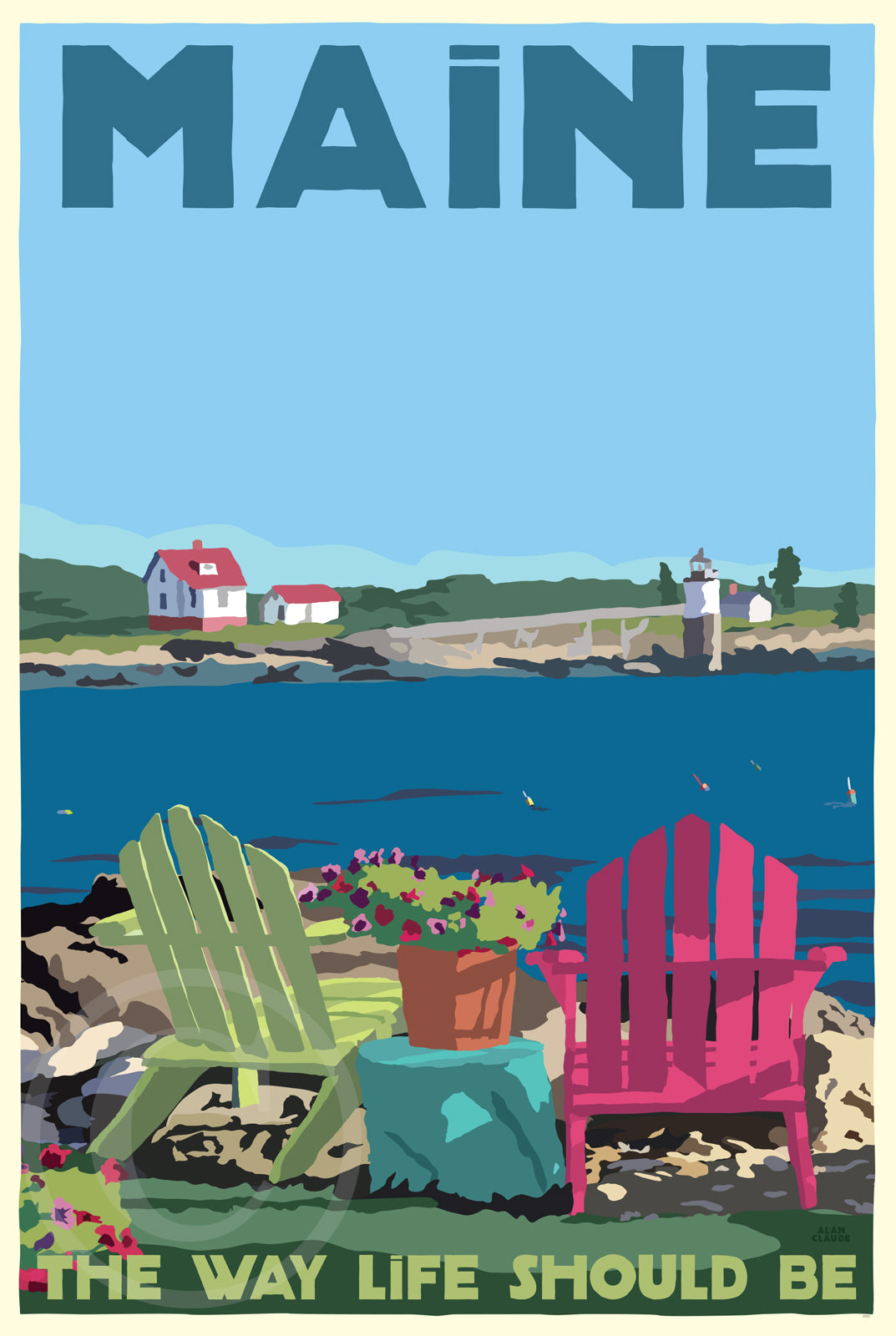 Chairs Overlooking Ram Island Maine The Way Life Should Be Art Print 24" x 36" Wall Poster By Alan Claude