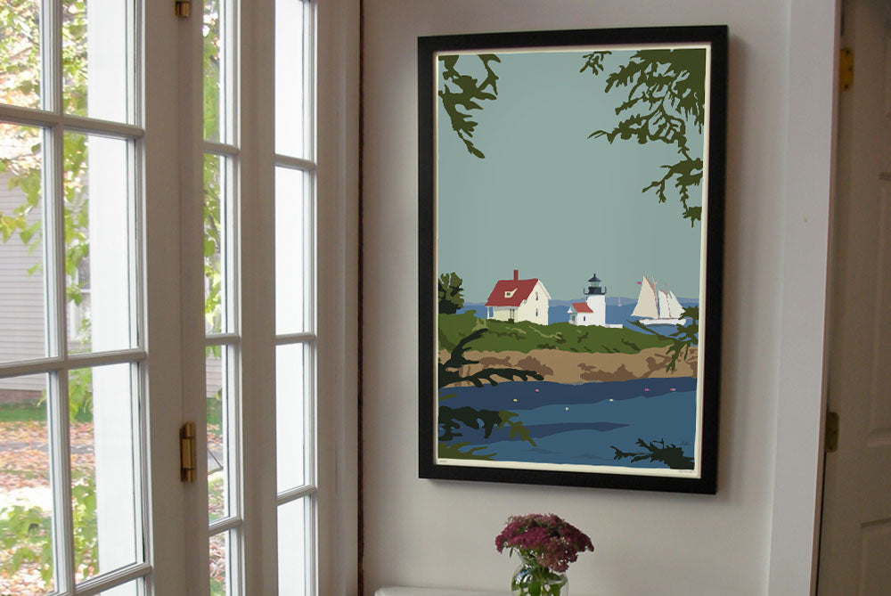Camden Lighthouse Art Print 24" x 36" Framed Wall Poster By Alan Claude - Maine