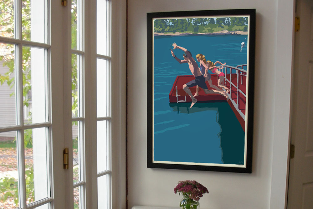 Go Jump In A Lake Art Print 24" x 36" Framed Wall Poster By Alan Claude - Maine