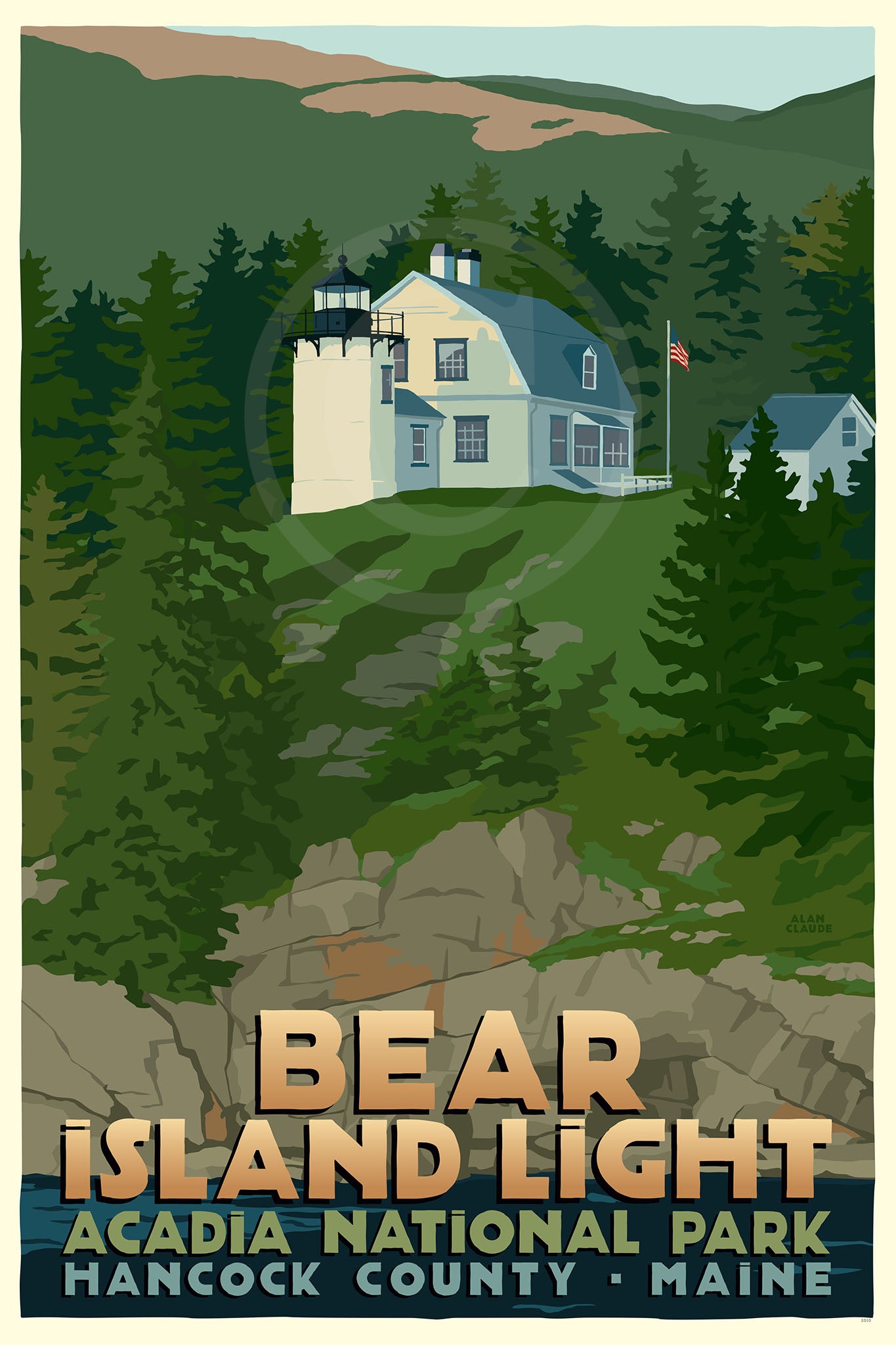 Bear Island Light Art Print 24" x 36" Travel Poster By Alan Claude - Maine