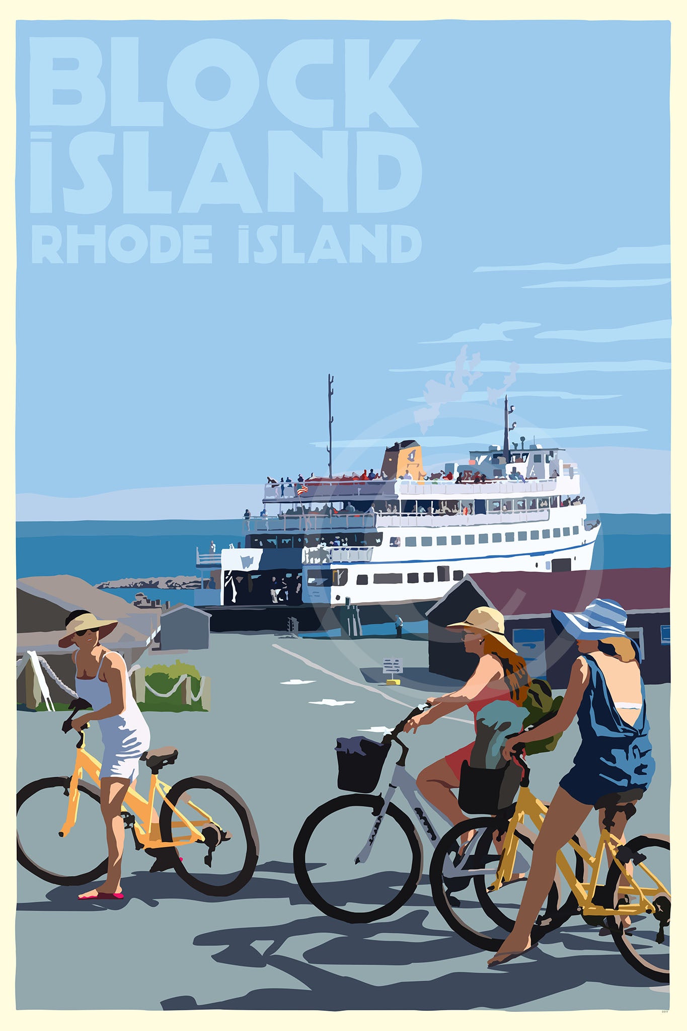 Block Island Bicycle Girls Art Print 24" x 36" Travel Poster By Alan Claude - Rhode Island