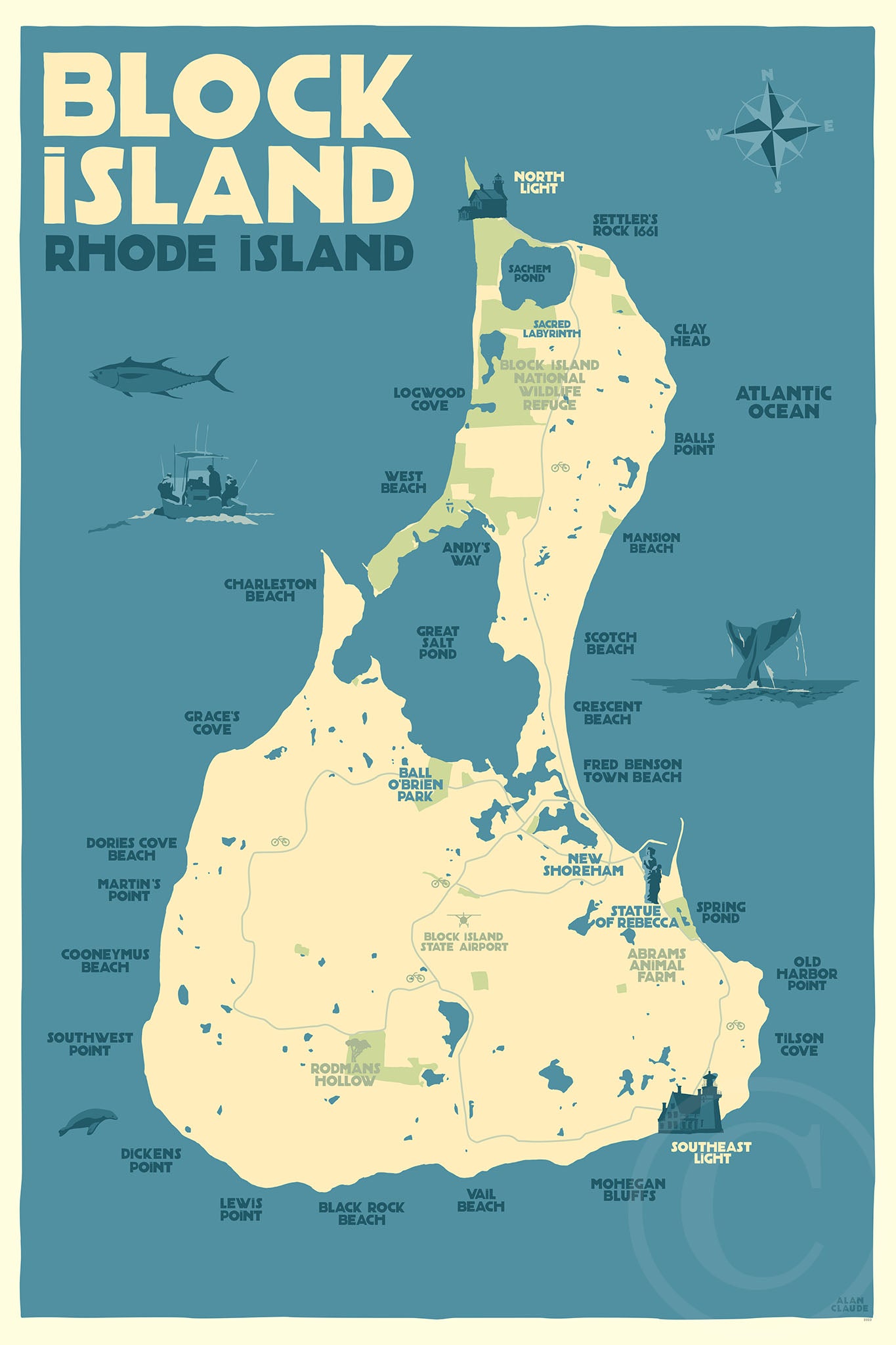 Block Island Map Art Print 24" x 36" Travel Poster By Alan Claude - Rhode Island