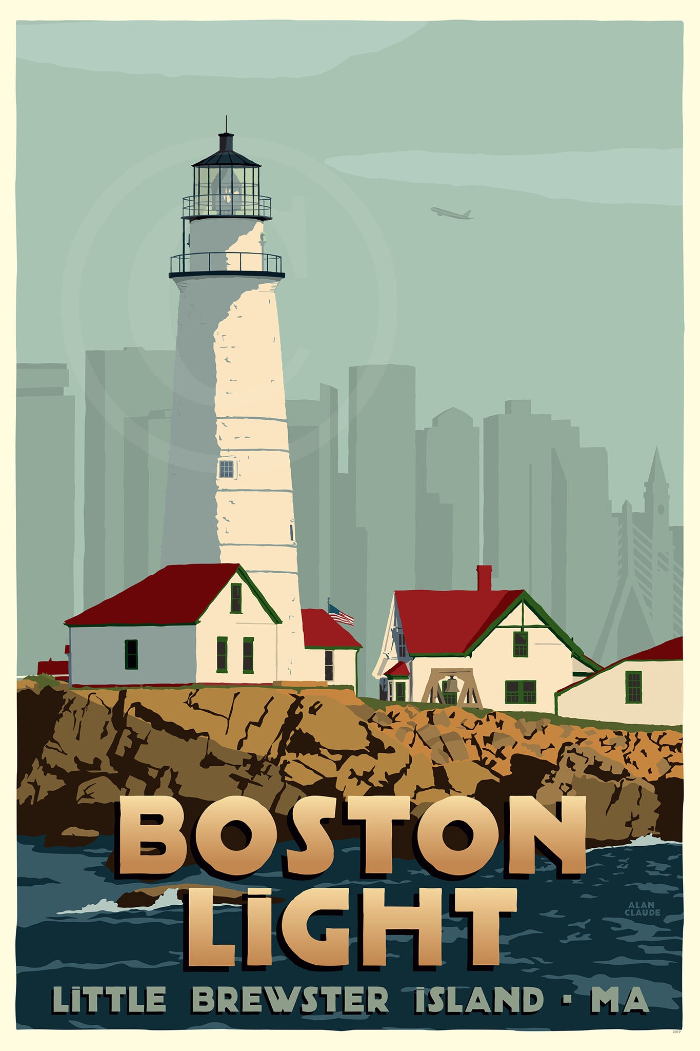 Boston Light Art Print 24" x 36" Travel Poster By Alan Claude - Massachusetts
