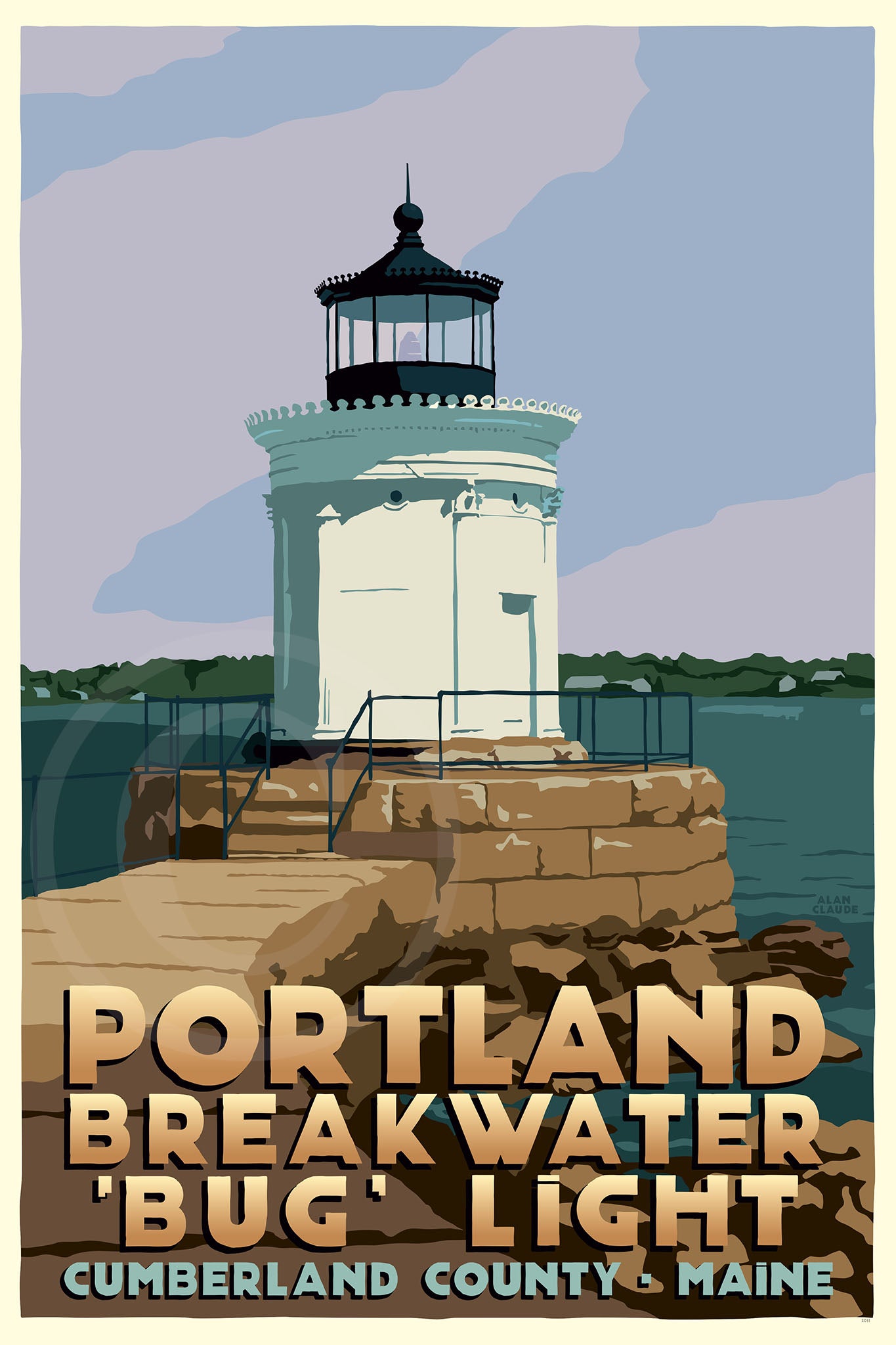 Portland Breakwater Bug Light Art Print 24" x 36" Travel Poster By Alan Claude - Maine