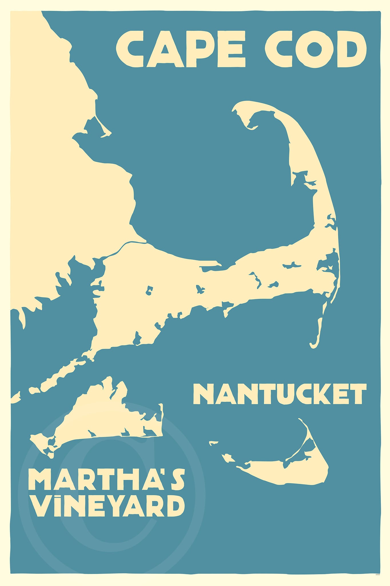 Cape Cod, Martha's Vineyard, Nantucket Map Art Print 24" x 36" Travel Poster By Alan Claude - Massachusetts