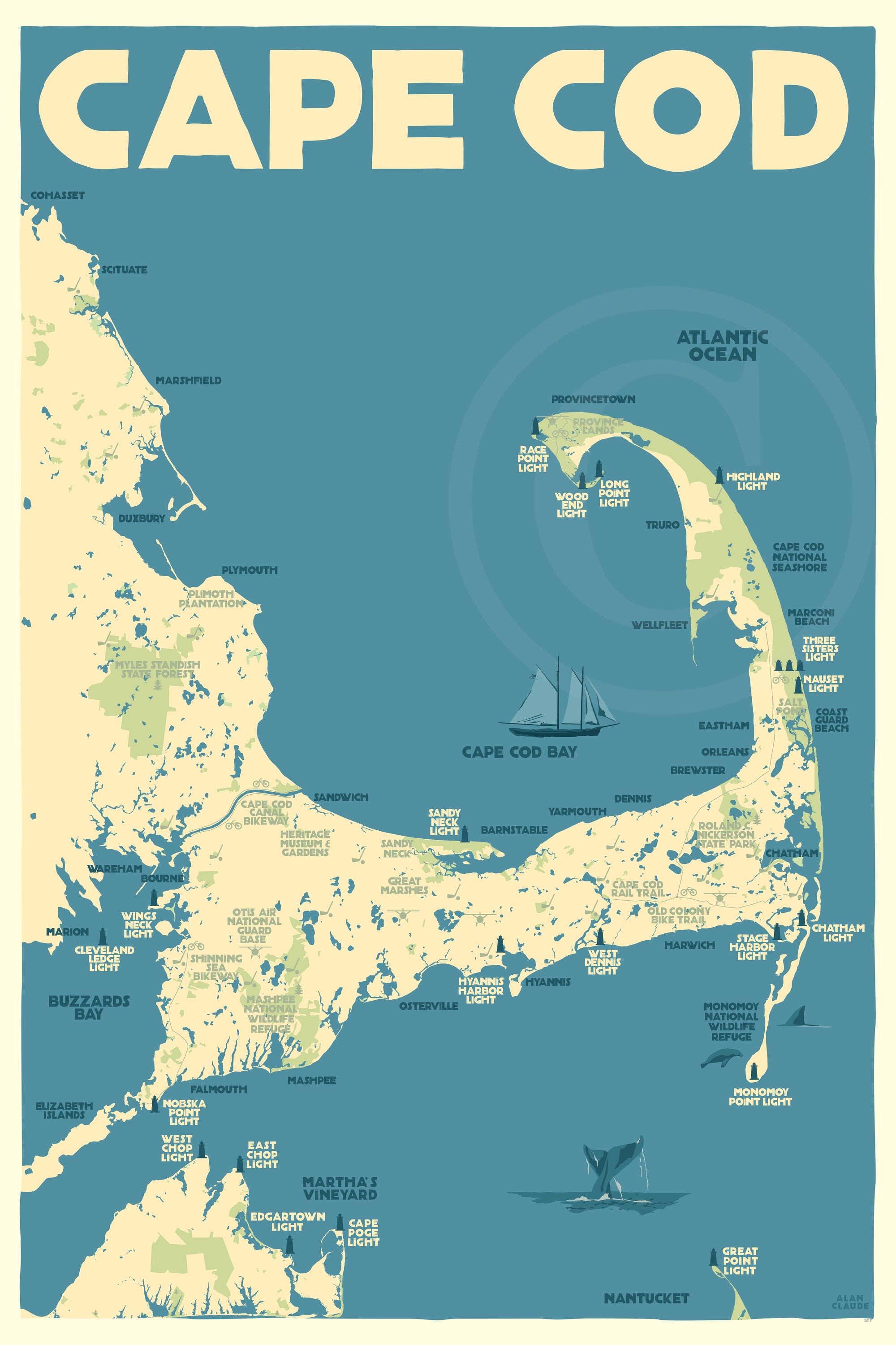Cape Cod Map Art Print 24 x 36 Travel Poster By Alan Claude -  Massachusetts