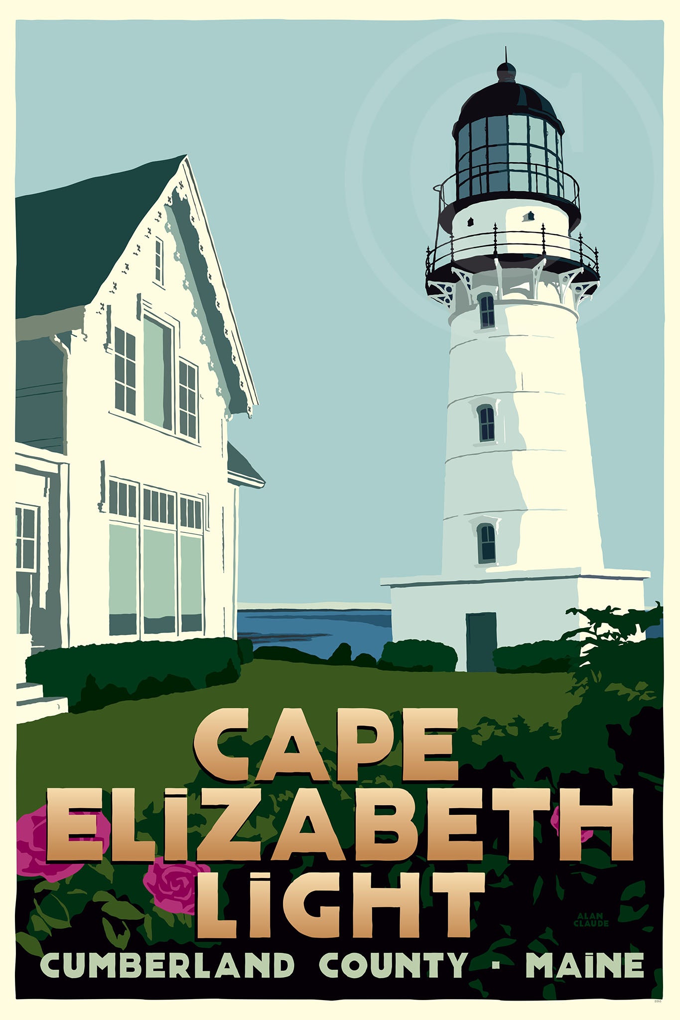 Cape Elizabeth Light Art Print 24" x 36" Travel Poster By Alan Claude - Maine