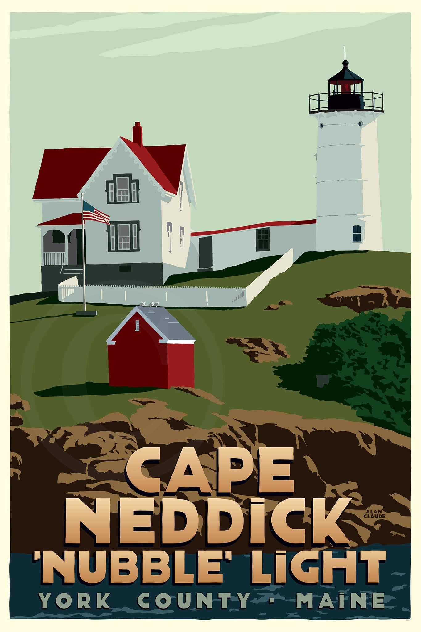 Cape Neddick Nubble Light Art Print 24" x 36" Travel Poster By Alan Claude - Maine