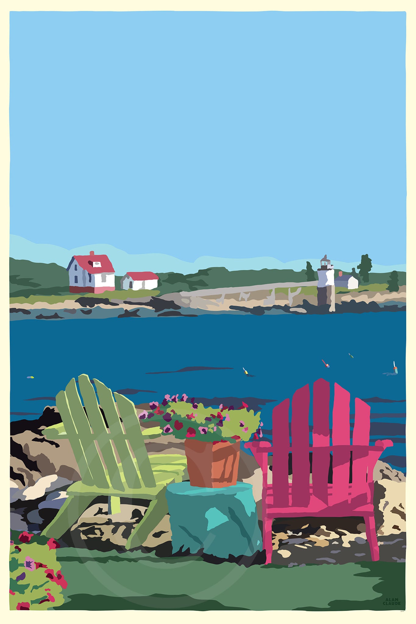 Chairs Overlooking Ram Island Art Print 36" x 53" Wall Poster By Alan Claude - Maine