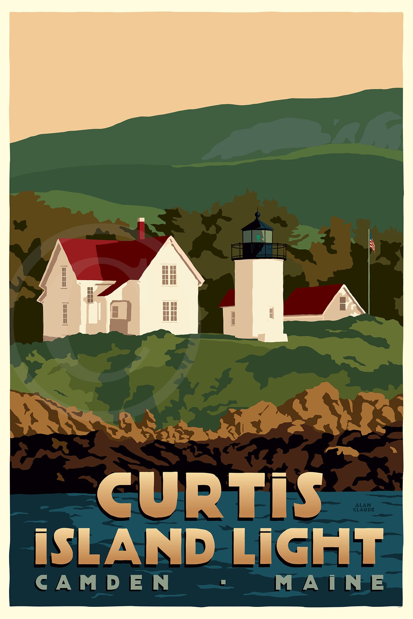 Curtis Island Light Art Print 36" x 53" Travel Poster By Alan Claude - Maine