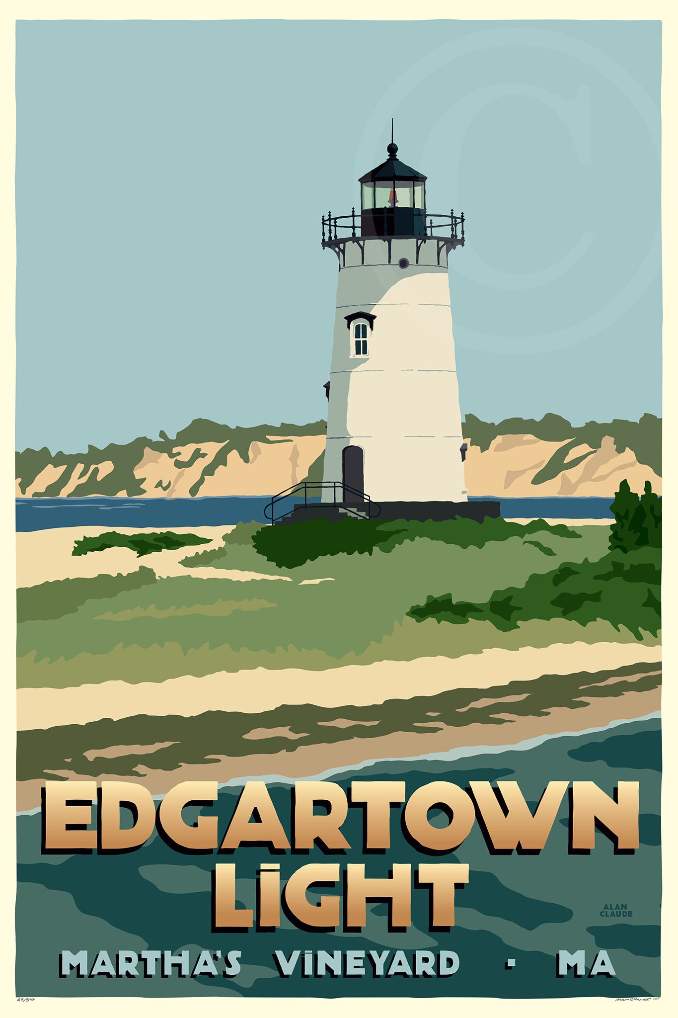Edgartown Light Art Print 24" x 36" Travel Poster By Alan Claude - Massachusetts