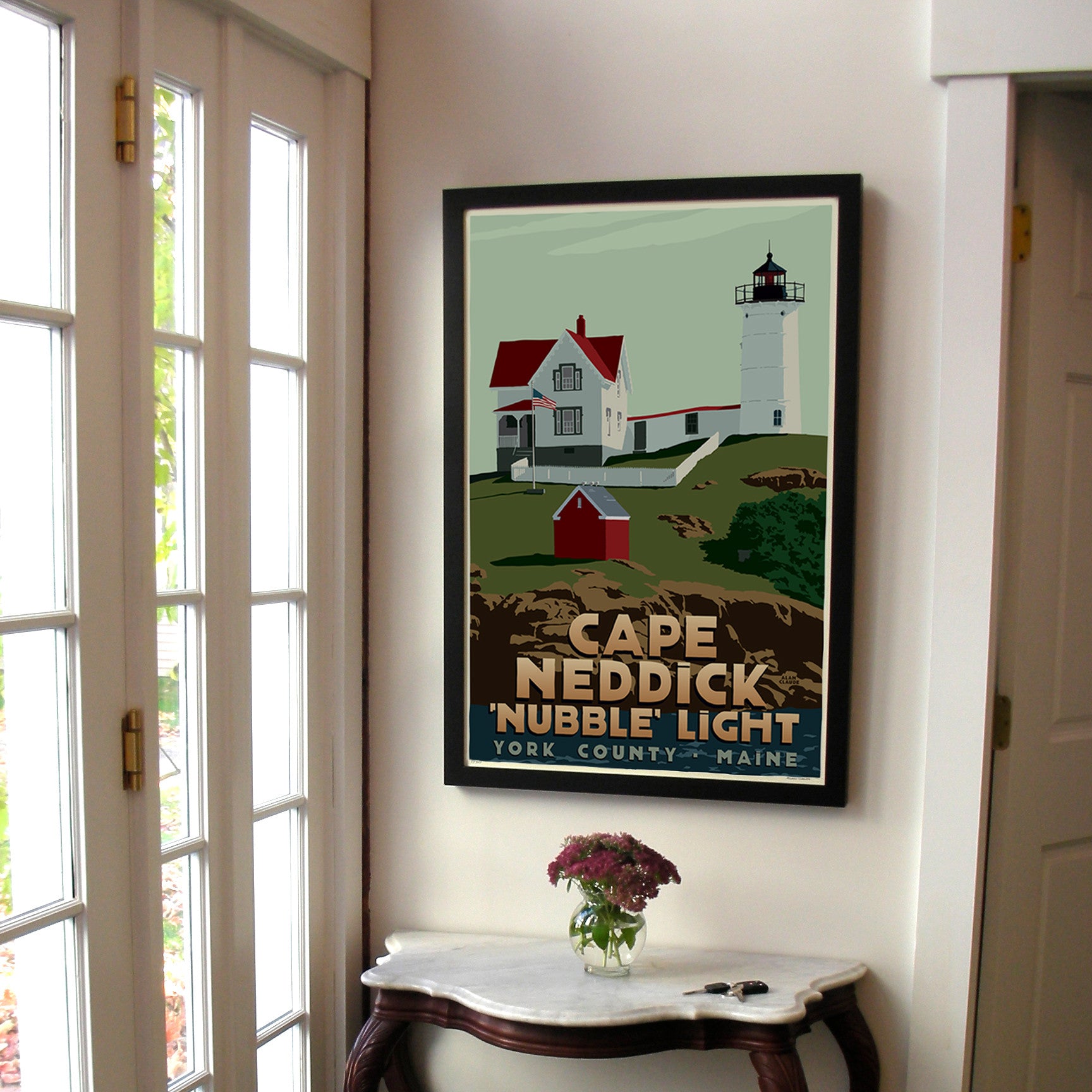 Cape Neddick Nubble Light Art Print 24" x 36" Framed Travel Poster By Alan Claude  - Maine