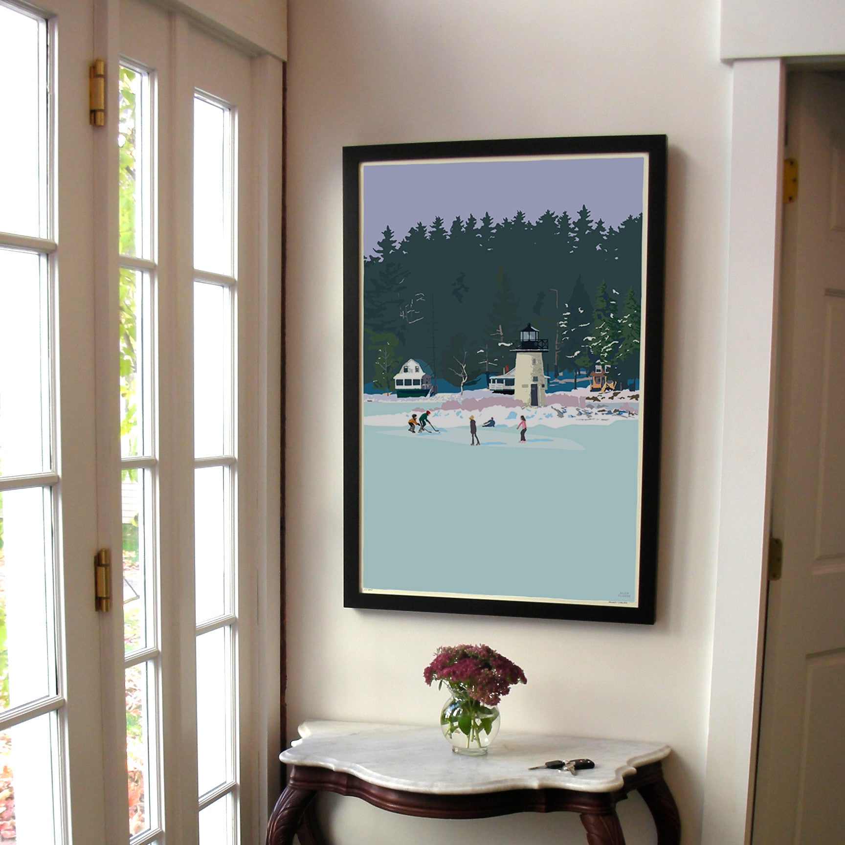 Ice Skating At Ladies Delight Lighthouse Art Print 24" x 36" Framed Wall Poster By Alan Claude  - Maine