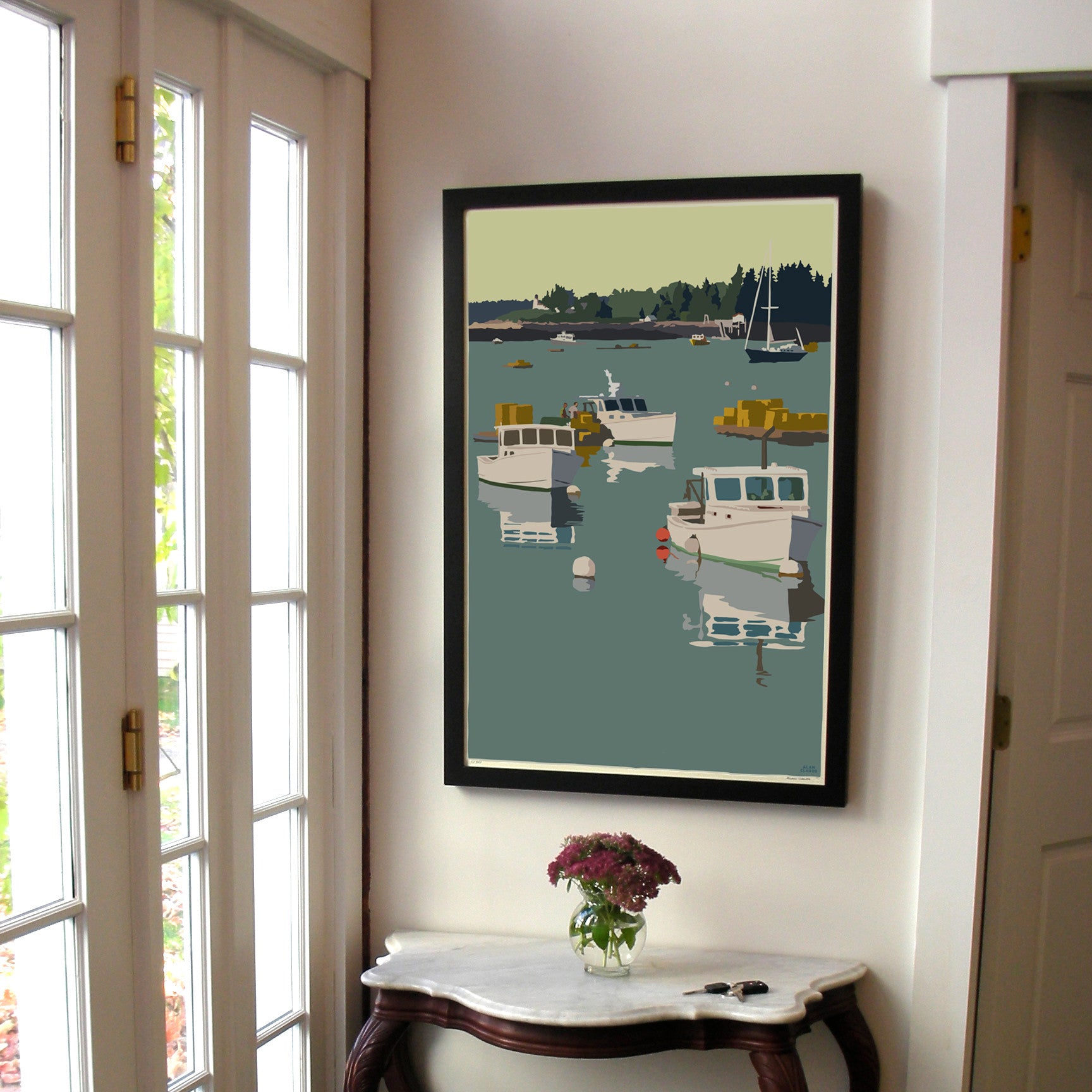 Lobster Boats on a Sunday Morning Art Print 24" x 36" Framed Wall Poster By Alan Claude  - Maine