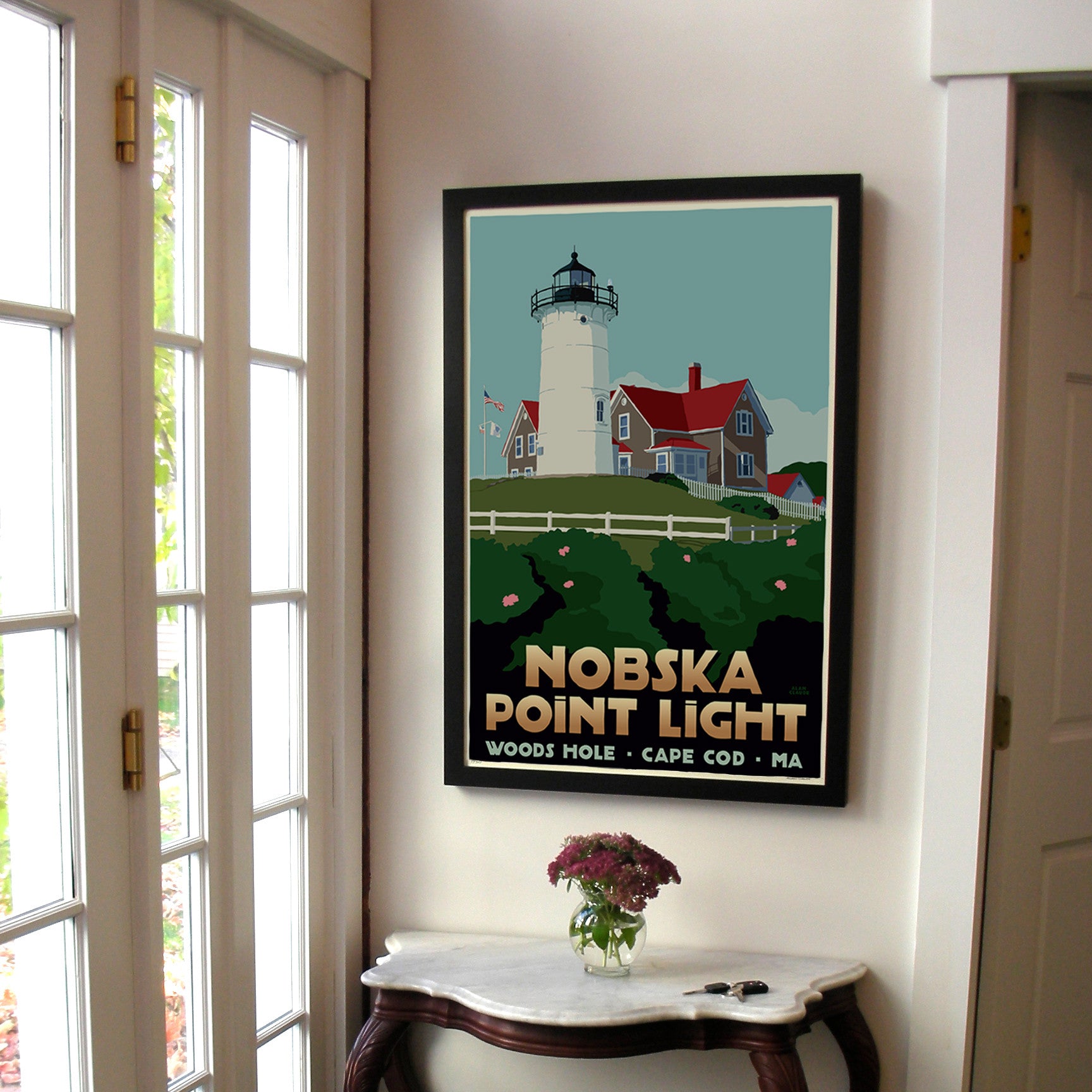 Nobska Point Light Art Print 24" x 36" Framed Travel Poster By Alan Claude  - Massachusetts