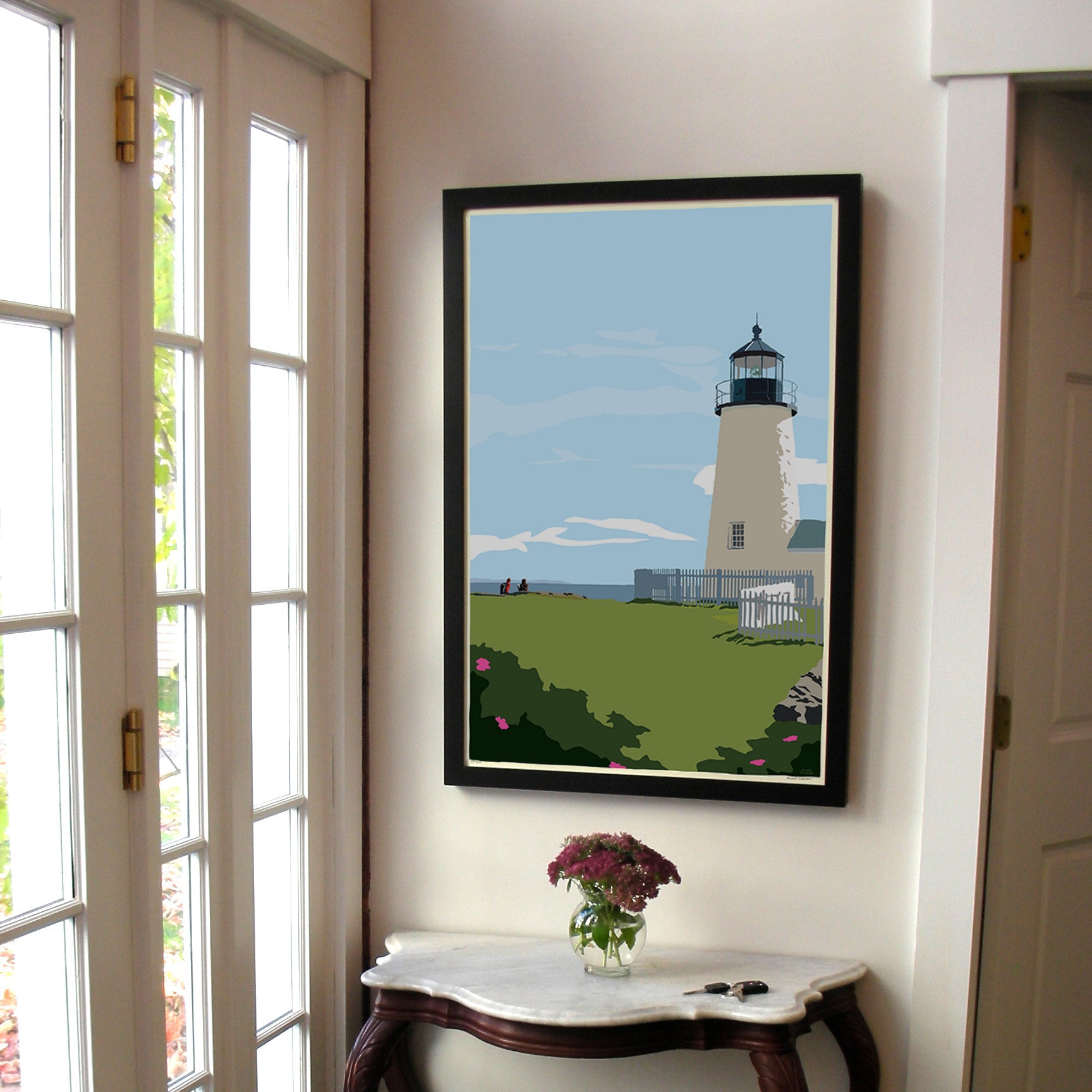 Pemaquid Point Light Hikers Art Print 24" x 36" Framed Wall Poster By Alan Claude  - Maine