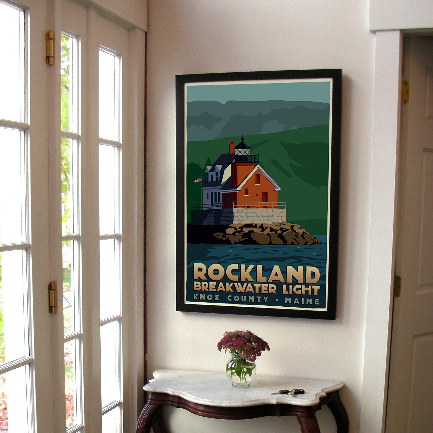 Rockland Breakwater Light Art Print 24" x 36" Framed Travel Poster By Alan Claude  - Maine