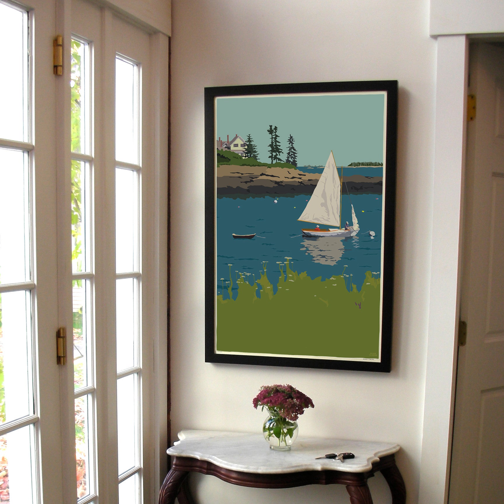 Sailing Long Cove Art Print 24" x 36" Framed Wall Poster By Alan Claude  - Maine
