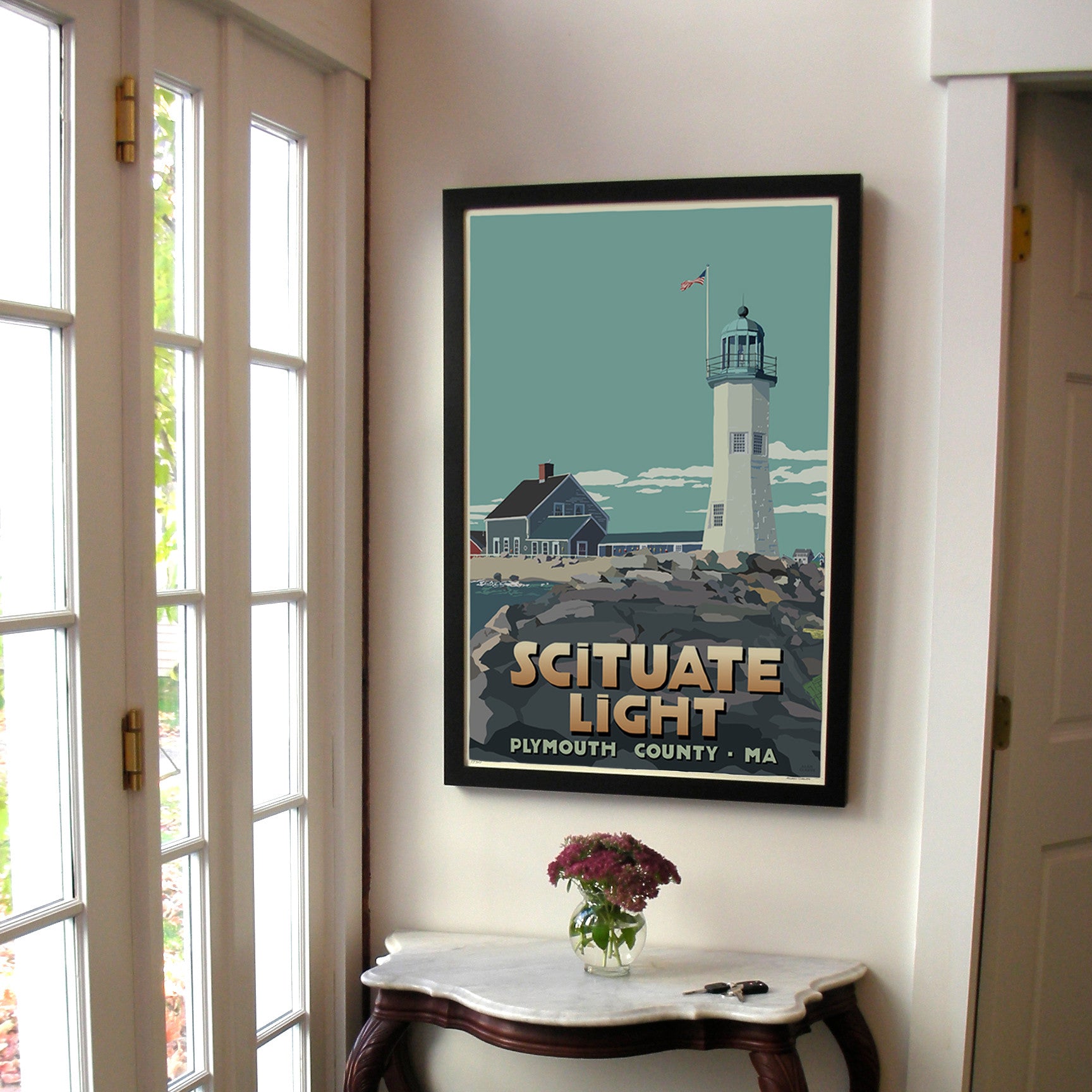 Scituate Light Art Print 24" x 36" Framed Travel Poster By Alan Claude - Massachusetts