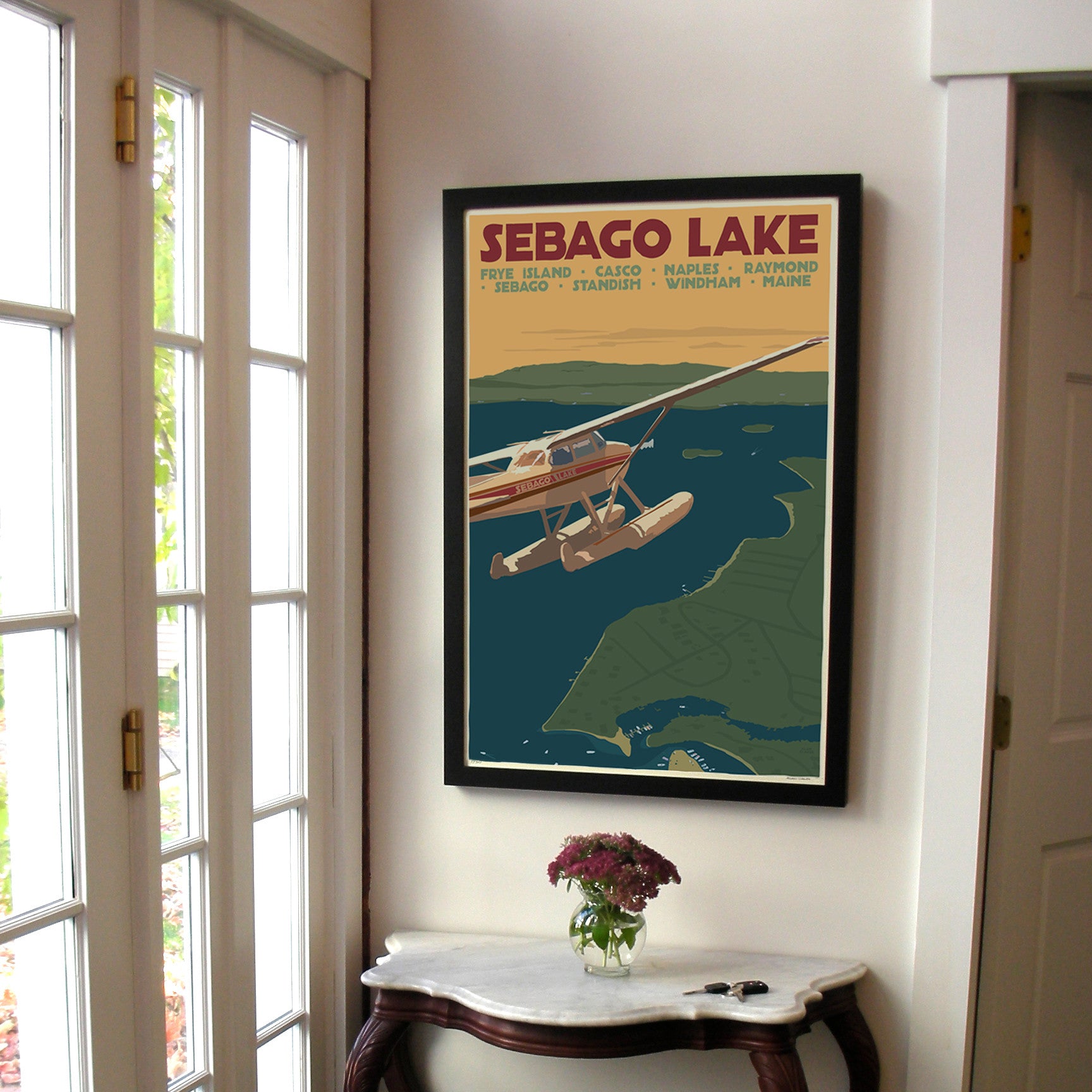 Sebago Lake Seaplane Art Print 24" x 36" Framed Travel Poster By Alan Claude - Maine
