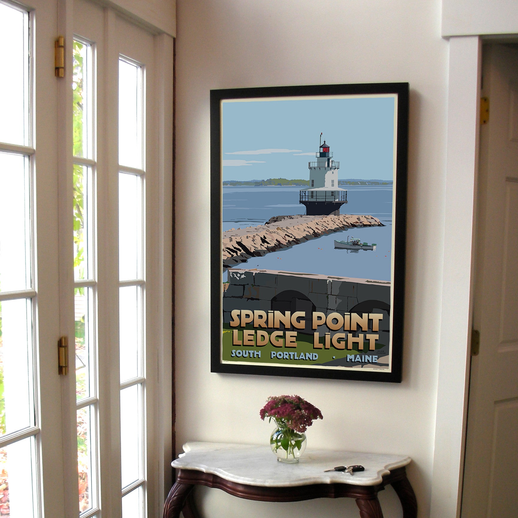 Spring Point Ledge Light Art Print 24" x 36" Framed Travel Poster By Alan Claude - Maine