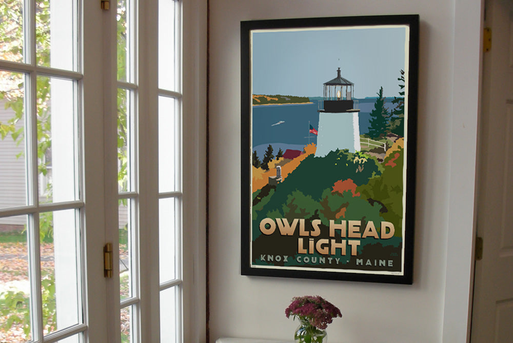 Above Owls Head Light Art Print 24" x 36" Framed Travel Poster By Alan Claude - Maine