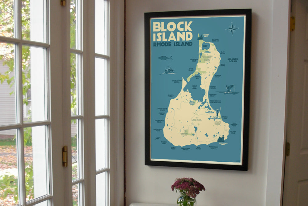 Block Island Map Art Print 24" x 36" Framed Wall Poster By Alan Claude  - Rhode Island