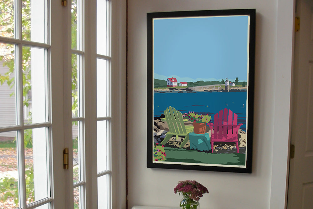 Chairs Overlooking Ram Island Art Print 24" x 36" Framed Wall Poster By Alan Claude - Maine