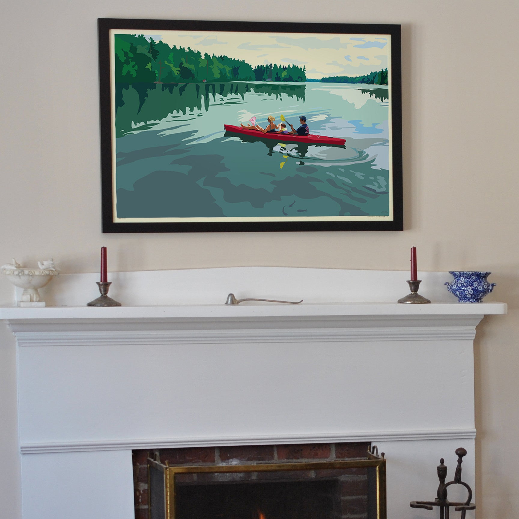 Kayaking On A Lake Art Print 24" x 36" Framed Travel Poster By Alan Claude  - Maine