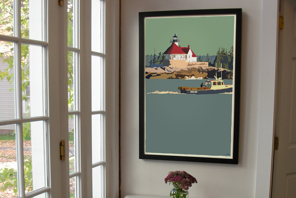 Lobstering At The Cuckolds Light Art Print 24" x 36" Framed Wall Poster By Alan Claude  - Maine