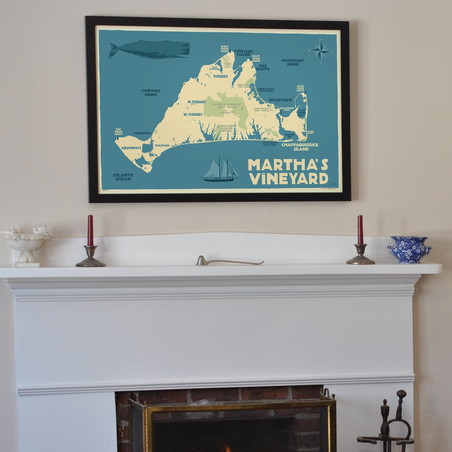 Martha's Vineyard Map Art Print 24" x 36" Framed Travel Poster By Alan Claude  - Massachusetts