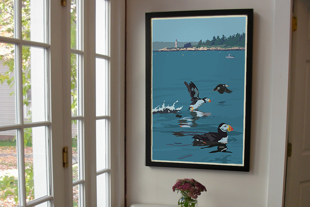 Puffins At Franklin Island Art Print 24" x 36" Framed Wall Poster By Alan Claude - Maine