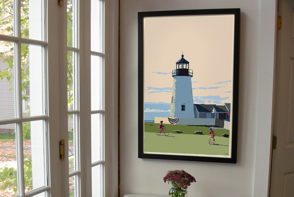 Pemaquid Bicycle Girls Art Print 24" x 36" Framed Wall Poster By Alan Claude  - Maine