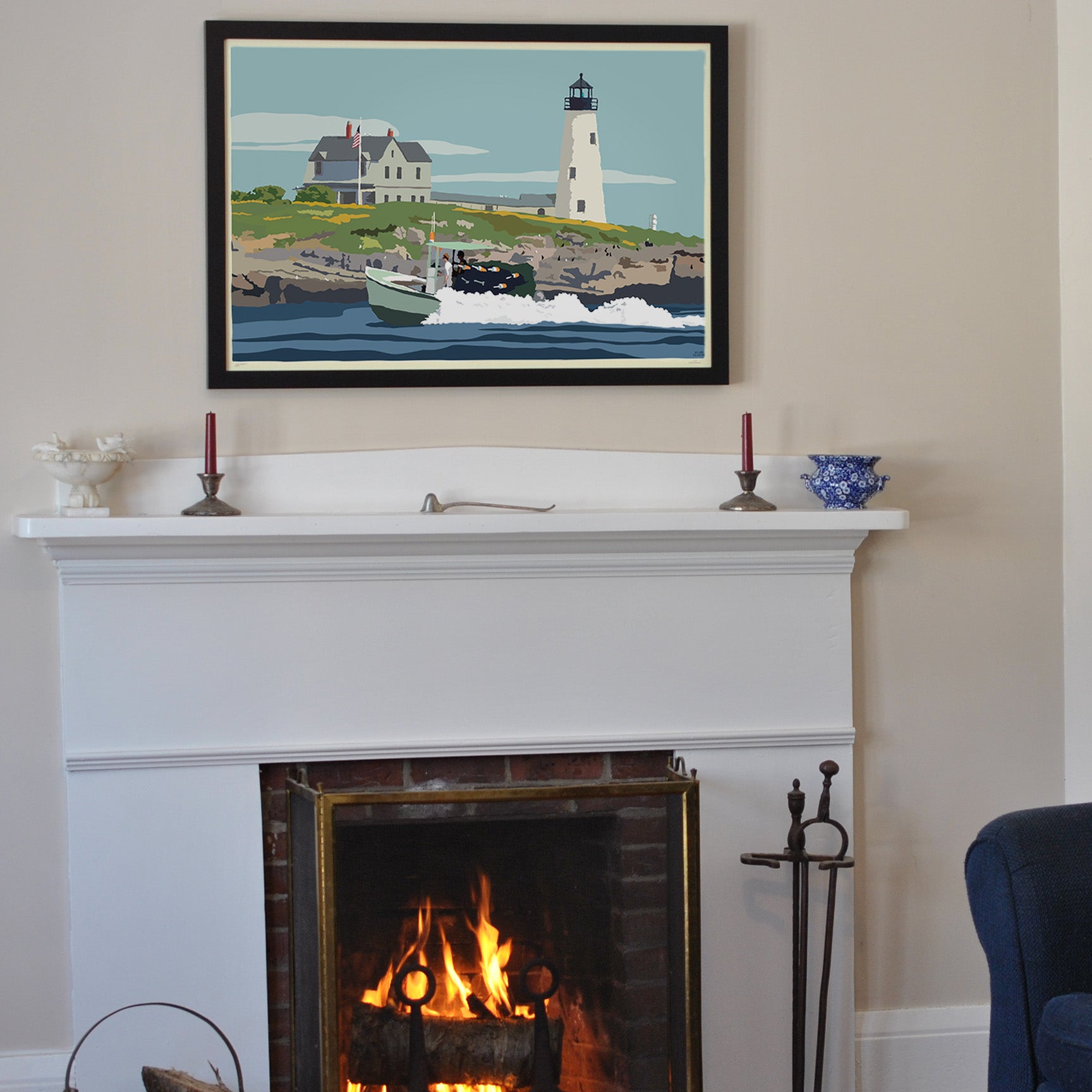 Wood Island Light Art Print 24" x 36" Framed Wall Poster By Alan Claude - Maine