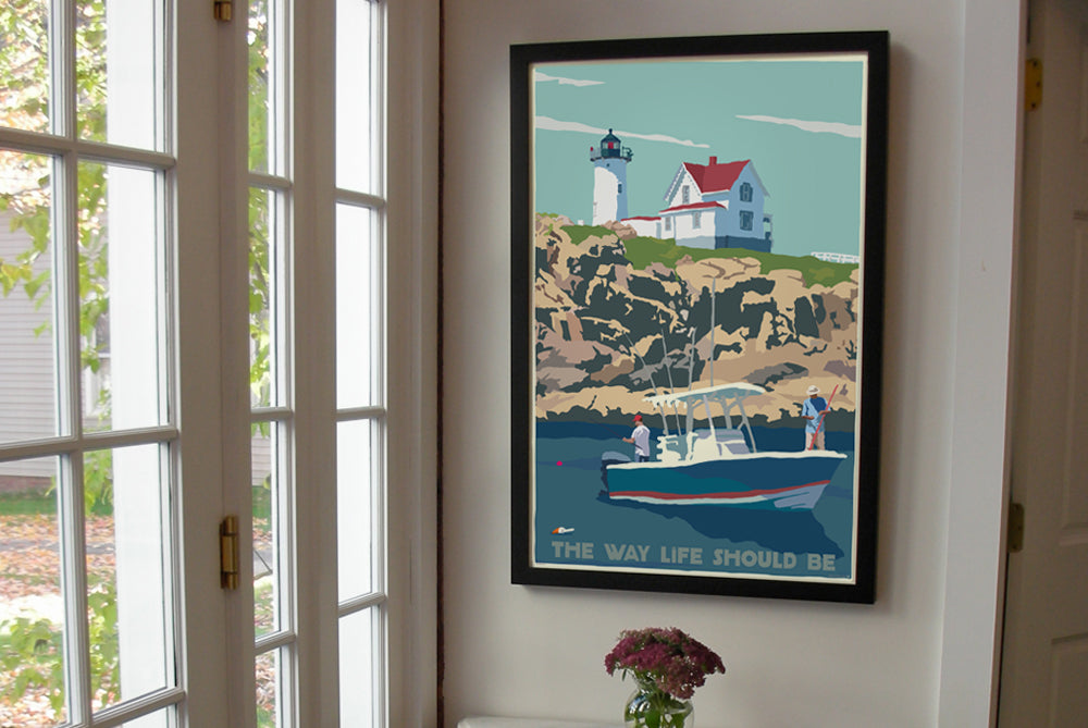 Fishing At The Nubble Art Print 24" x 36" Framed Wall Poster By Alan Claude