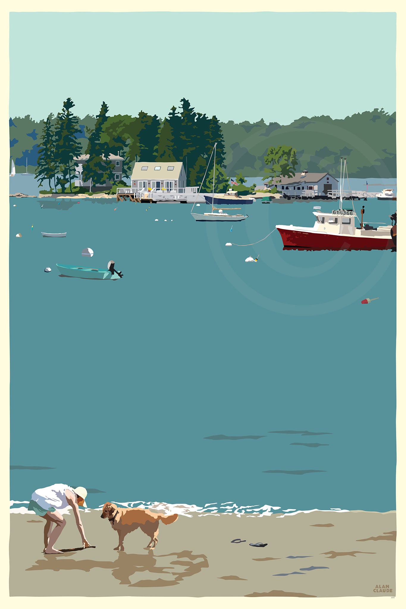Golden Retriever at Beach "Go Fetch" Art Print 24" x 36" Wall Poster - Maine