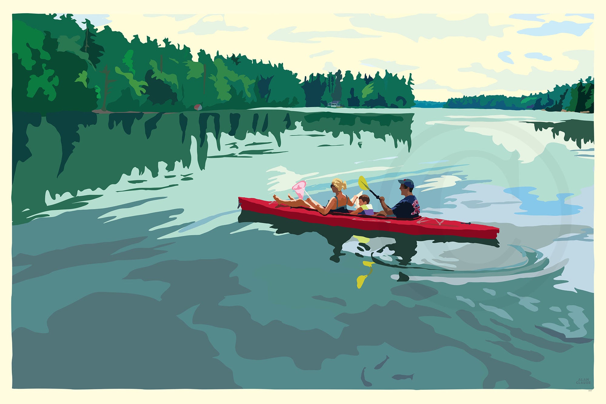 Kayaking On A Lake Art Print 24" x 36" Travel Poster By Alan Claude - Maine