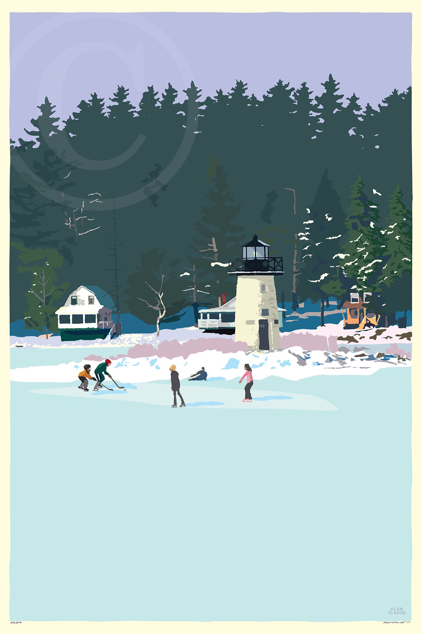 Ice Skating At Ladies Delight Lighthouse Art Print 24" x 36" Wall Poster By Alan Claude - Maine