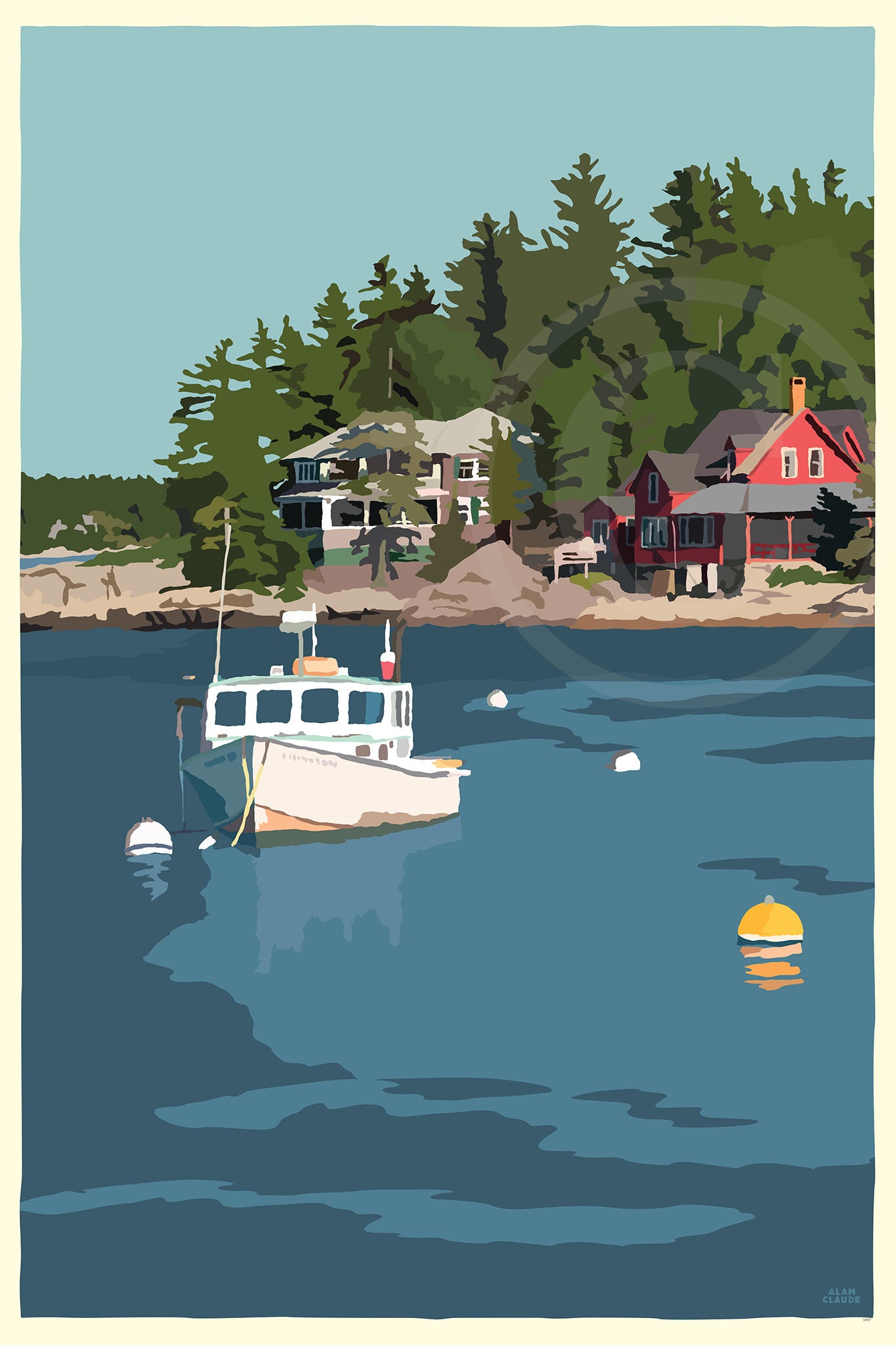 Lobster Boat at Five Islands Art Print 24" x 36" Travel Poster By Alan Claude - Maine