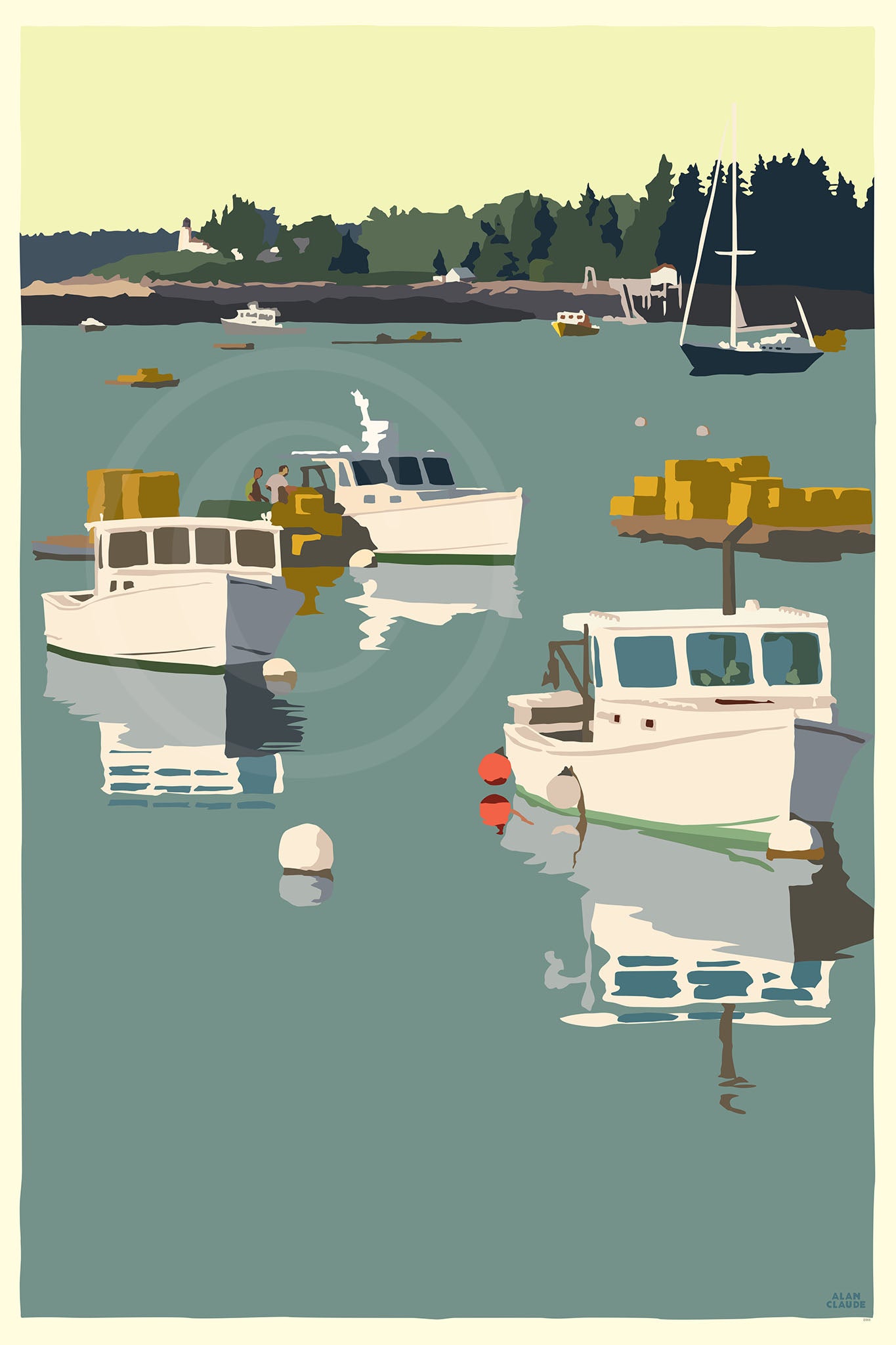 Lobster Boats on a Sunday Morning Art Print 24" x 36" Wall Poster By Alan Claude - Maine