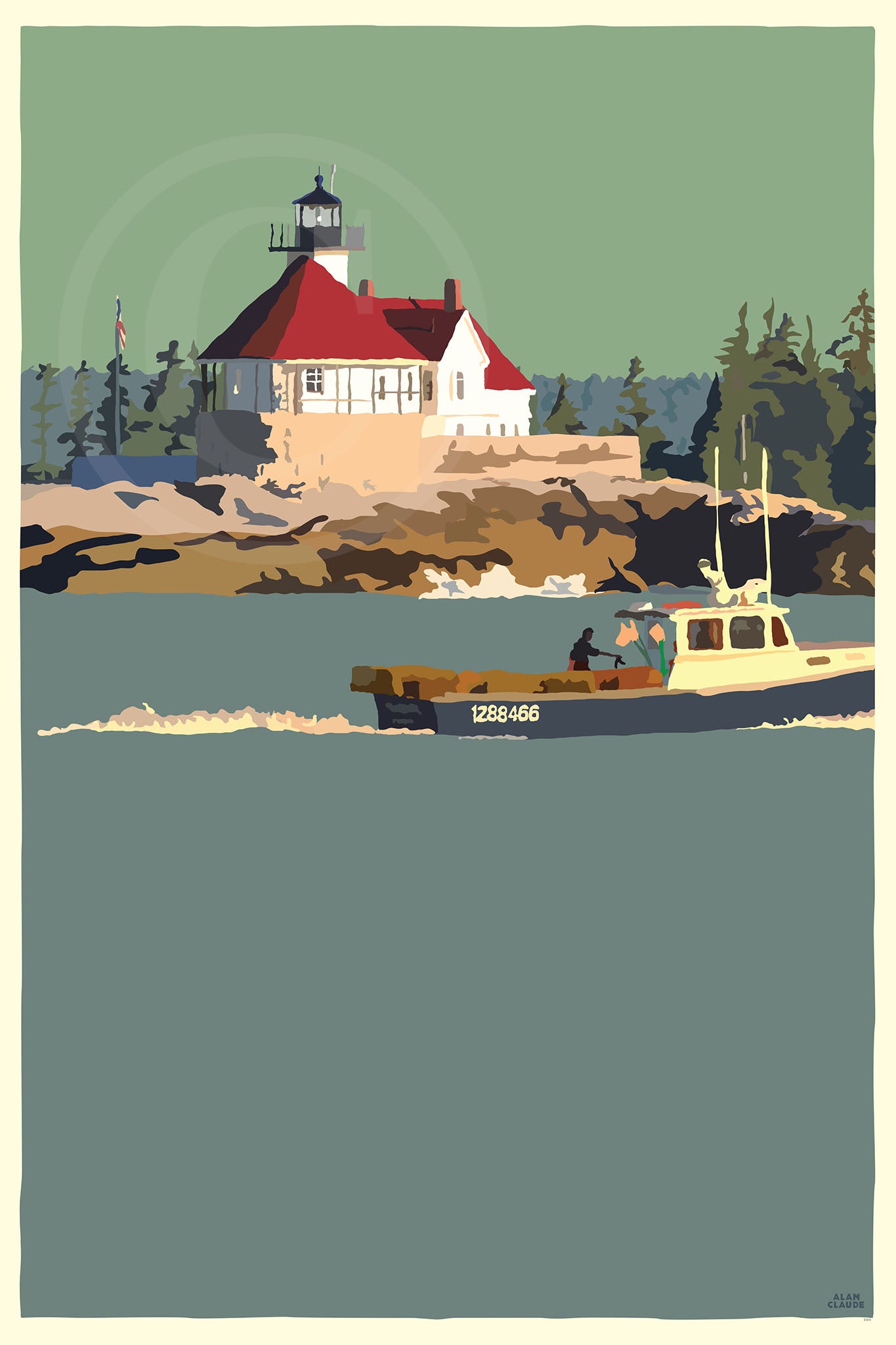 Lobstering At The Cuckolds Light Art Print 24" x 36" Wall Poster By Alan Claude - Maine