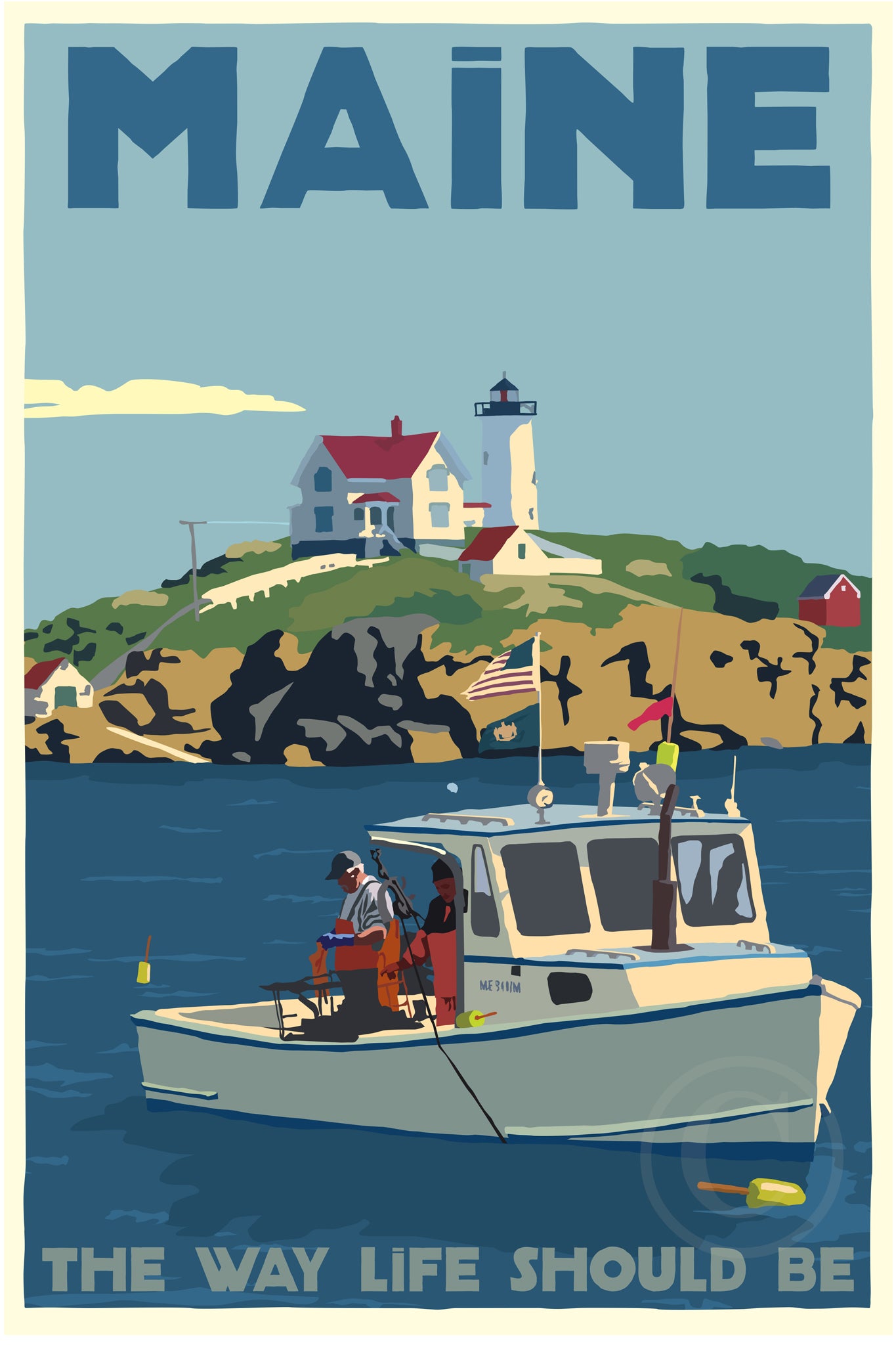 Lobstering at the Nubble Maine The Way Life Should Be Art Print 36" x 53" Travel Poster By Alan Claude - Maine