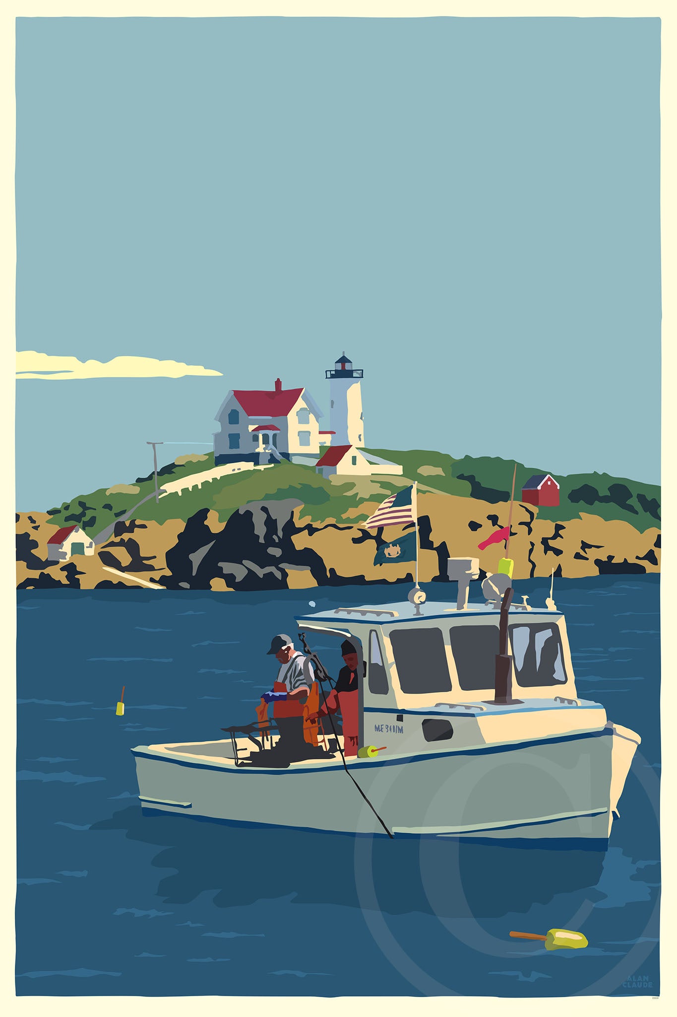 Lobstering at the Nubble Art Print 24" x 36" Wall Poster By Alan Claude - Maine