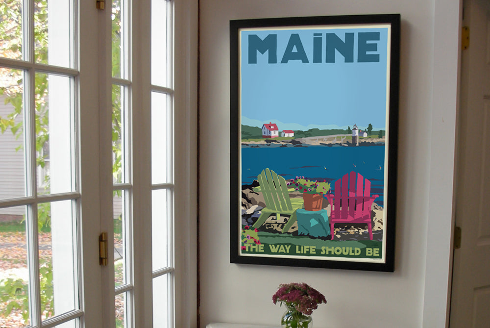 Chairs Overlooking Ram Island - Maine The Way Life Should Be Art Print 24" x 36" Framed Travel Poster By Alan Claude