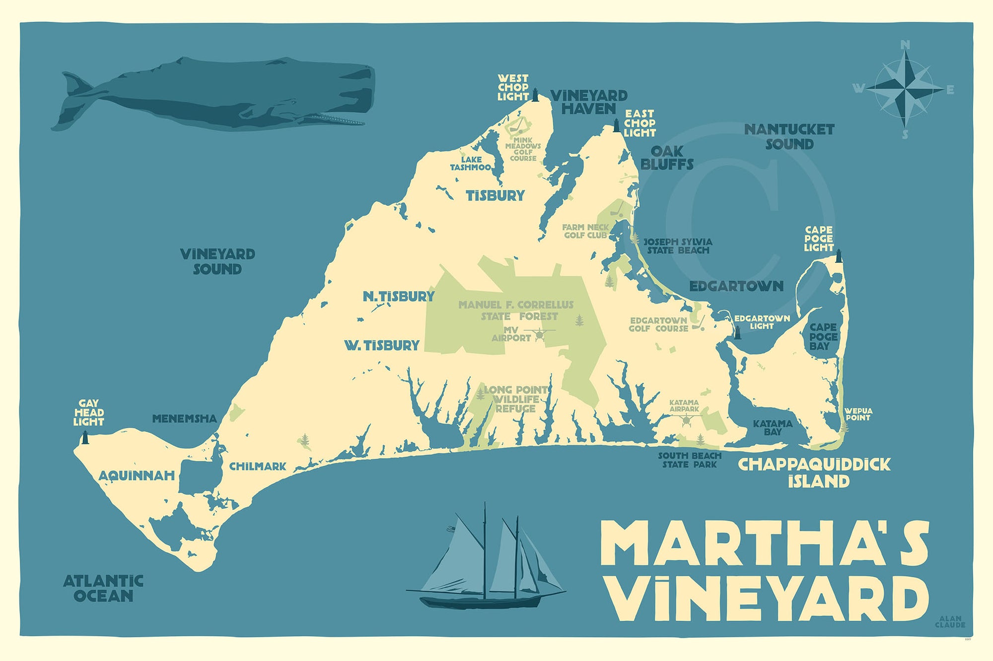 Martha's Vineyard Map Art Print 36" x 53" Travel Poster By Alan Claude