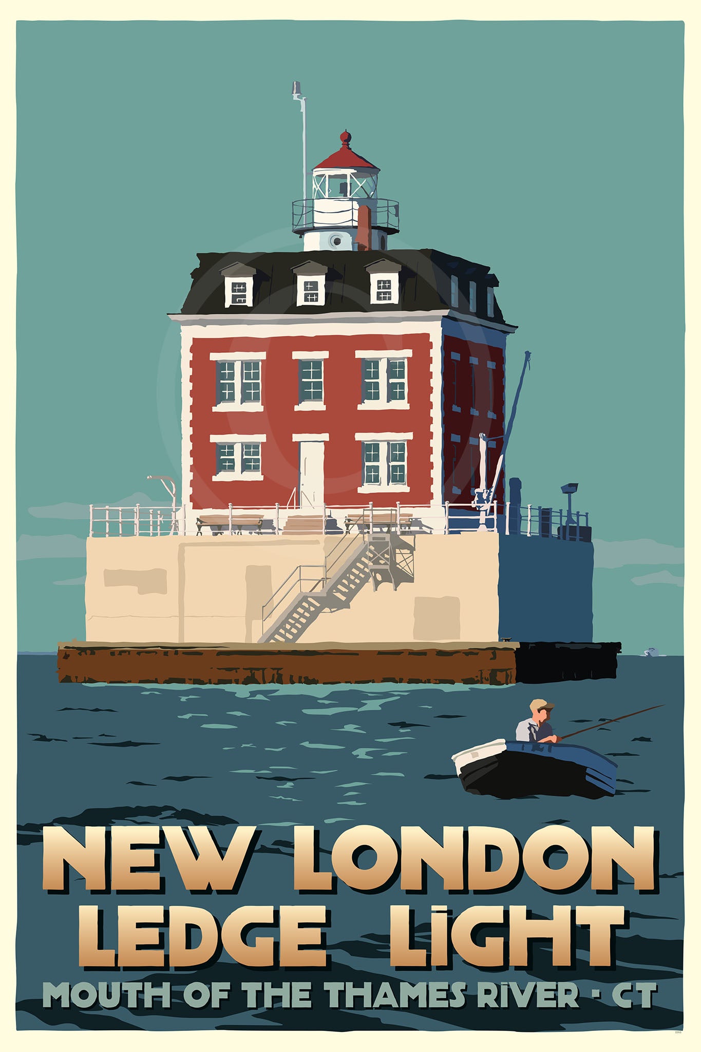 New London Ledge Light Art Print 24" x 36" Travel Poster By Alan Claude - Connecticut