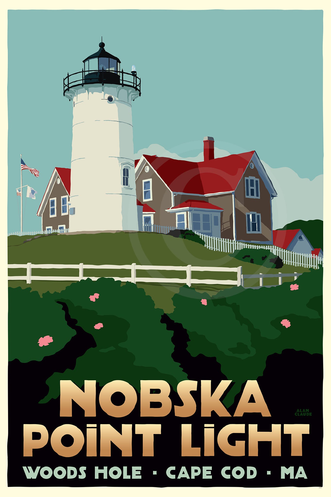 Nobska Point Light Art Print 24" x 36" Travel Poster By Alan Claude - Massachusetts