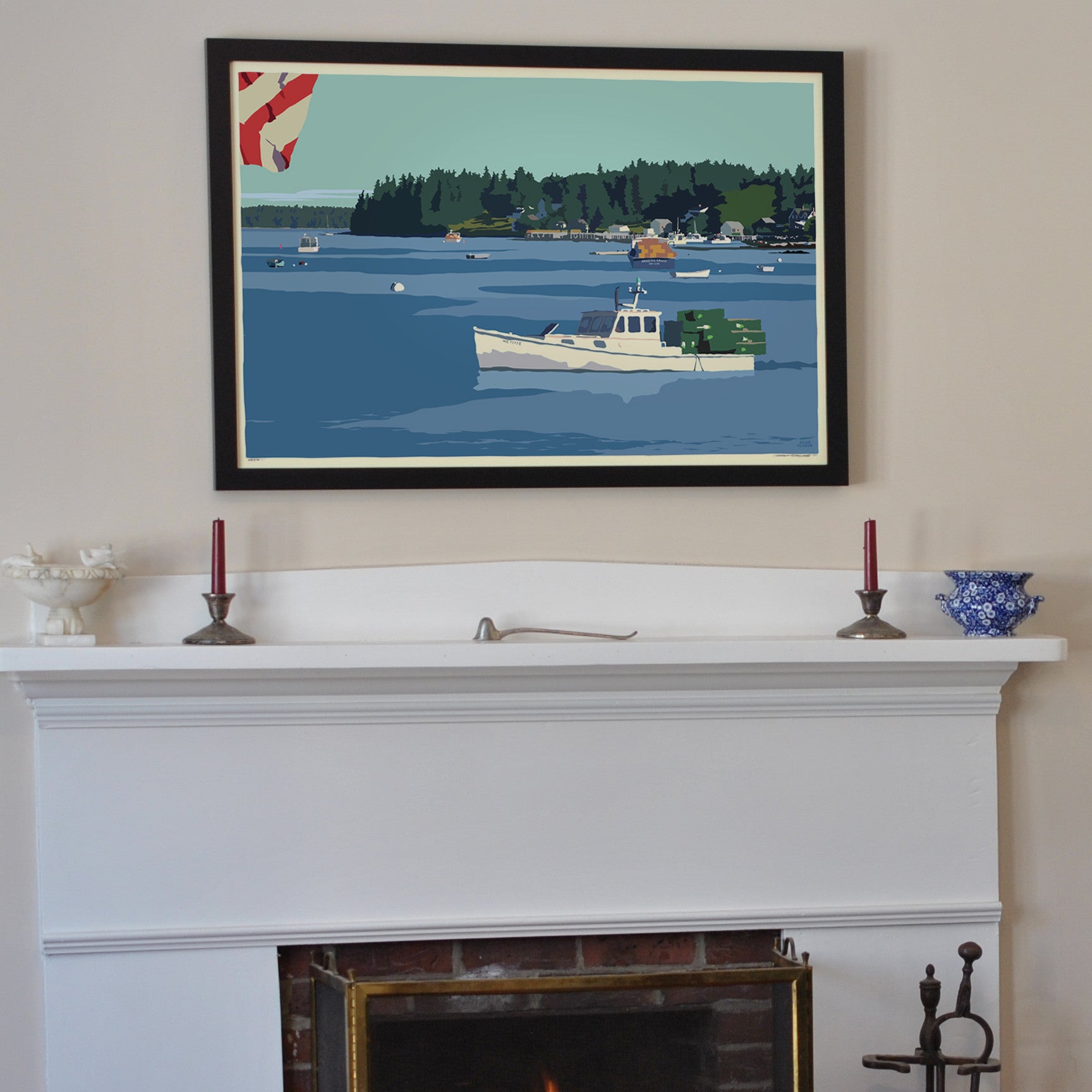 Port Clyde Lobster Boat Art Print 24" x 36" Framed Wall Poster By Alan Claude  - Maine