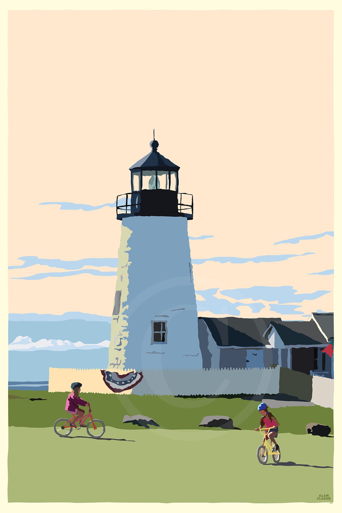 Pemaquid Bicycle Girls Art Print 24" x 36" Travel Poster By Alan Claude - Maine