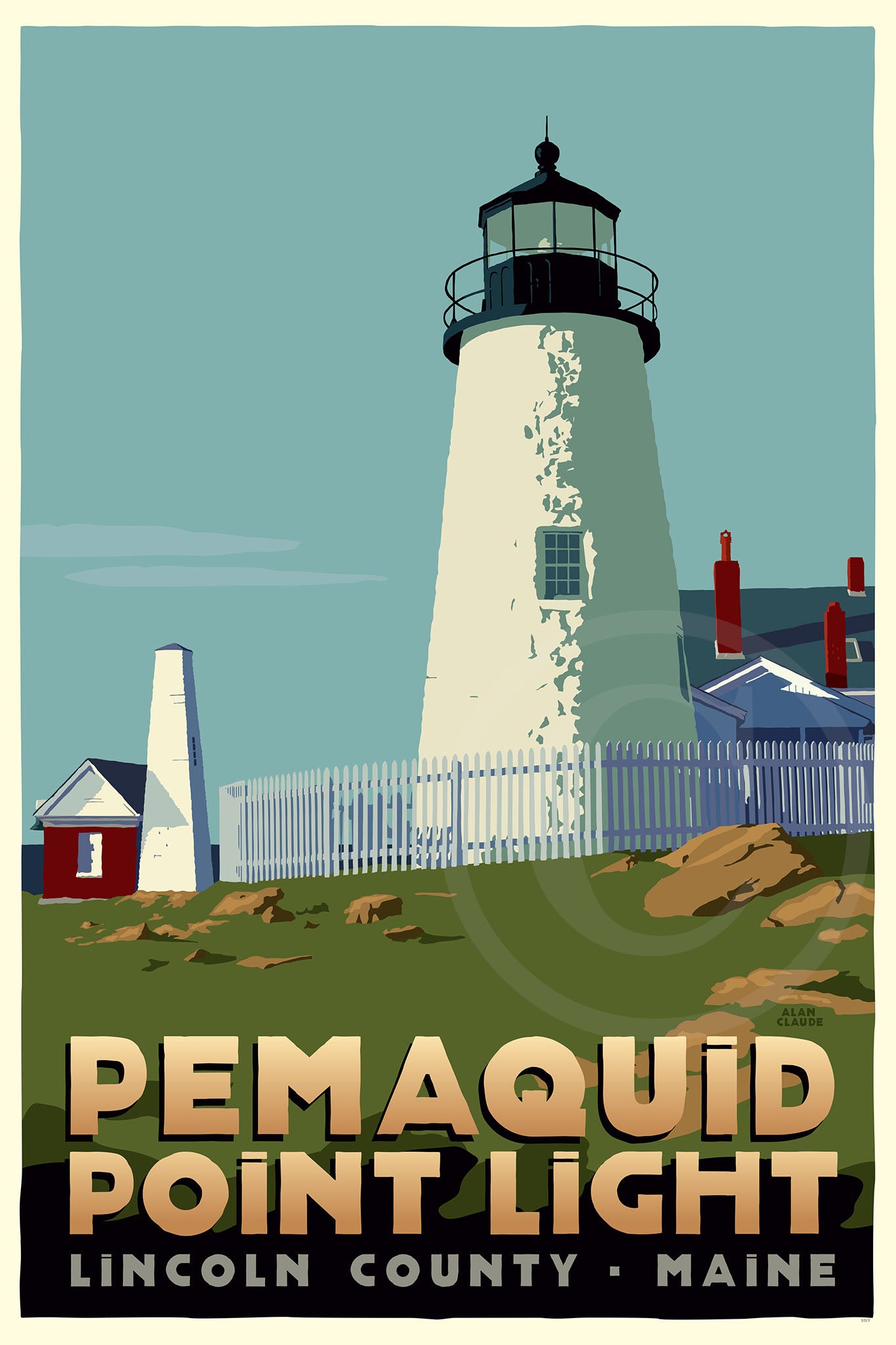 Pemaquid Point Light Art Print 24" x 36" Travel Poster By Alan Claude - Maine